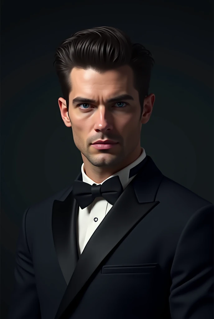 A man of 28
 years,handsome and handsome ,. dark hair, intense BLUE eyes,  pink lips ,. in a dark suit 