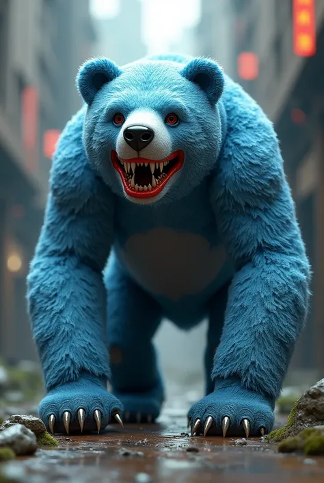 The big bear robot has blue fur, red lips, sharp teeth.