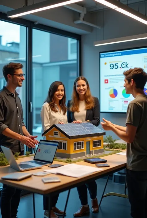 "An image depicting a student-led team of engineers presenting a solar microgeneration project to a small business owner. The setting includes a scaled model of solar panels on a small building, with digital screens displaying energy production estimates a...