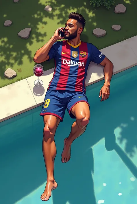  Neymar wearing Barcelona clothes and swimming shorts,  on the edge of a pool , Lying down,  camera coming from above , a little far , with cell phone in ear, Getting a full body view, drinking wine 