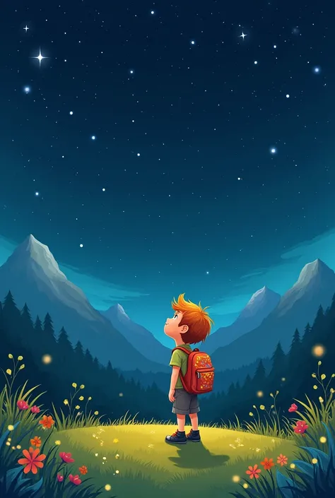 A boy watching the stars at night in a mountainous place, that is easy to draw
Make it more colorful and fun, but above all easy to draw 
Easier to draw,And make the boy with a backpack  