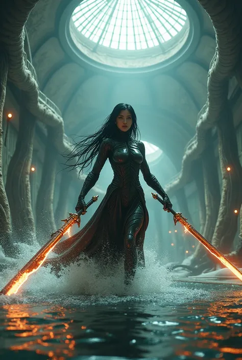 A woman in a thick organic black biomechanical suit emerging from a dark lake, wet black hair splashing, oval face, almond eyes, in a futuristic sci-fi world, a fierce warrior woman with a sword generating orange lightning, fighting against black biomechan...