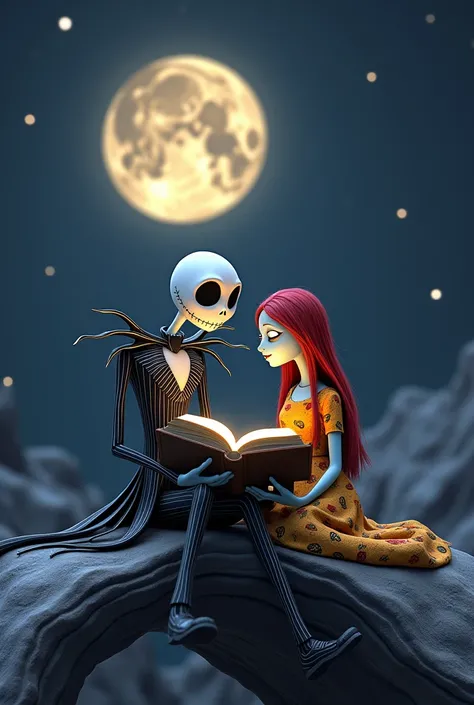 Create a design of Jack Skellington and Sally Skellington sitting on the moon reading a book