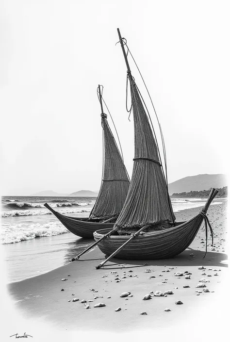  black and white drawing of the beach in Huanchaco Trujillo Peru, with its totoras 