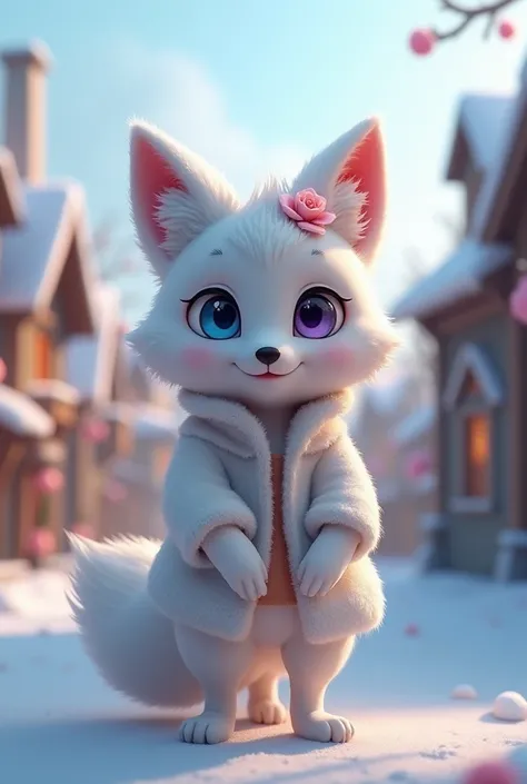 Furry arctic fox girl with a beautiful smile in the center of a small village,Alone,  long hair , heterocromi,violet eyes,  pointed ears, throw,  textured skin , breasts,  Fox ears , smile, perspective,  Hair flower,  depth of field , 3D rendering, 