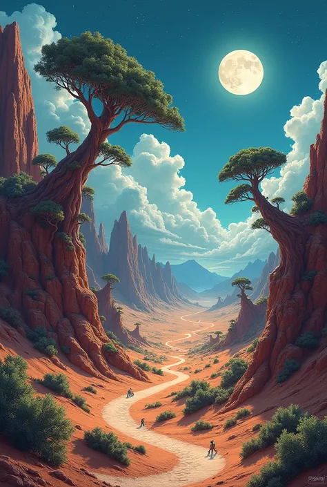 (Estilo Josh Kirby),  Desert landscape with rugged reliefs, twisted trees , Sky with large clouds ,  moon background behind mountains 