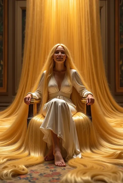 A beautiful woman sits in a chair in the centre of a room. She has huge masses of beautiful long blonde hair.  Her long thick beautiful hair cascades around her body. Her hair is so long that it completely covers the floor in all directions. She has the lo...