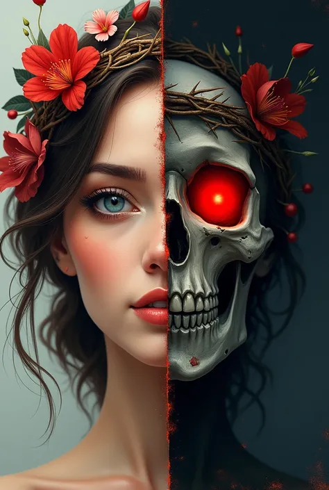 " Realistic cover of a book that shows the face of a woman divided into two halves.  The right side ,  good ,  has warm skin and a flower crown ;  Her expression is soft , with a slight smile,  and the background is clear and luminous .  The left side , ba...