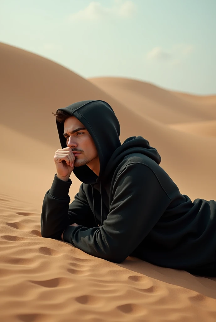 Portrait of a man, wearing a black hoodie, lying on the ground, sand dunes, high resolution, 