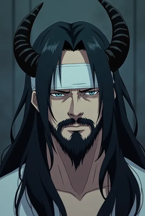 A handsome sad man ,  with long thick black hair and a defined beard, with a white blindfold . In anime style и с черными рогами демона на голове. In anime style. with an oval face shape