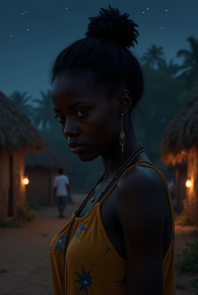 Photorealistic image of a sad heartbroken African young lady at night in an African village setting