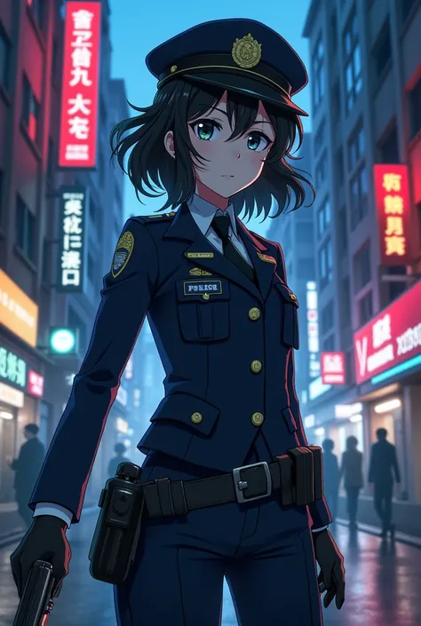 Create an anime about a police girl investigating a crime scene together with other criminal experts.