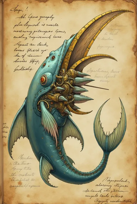 DnD Art. An image in a yellowed old book, faded colors, almost no colors, a drawing: handwritten notes, clumsy handwriting, notes in the margins, some mechanisms, images of sea creatures. the fin of a sea creature. Intricate mechanisms. There is a lot of t...