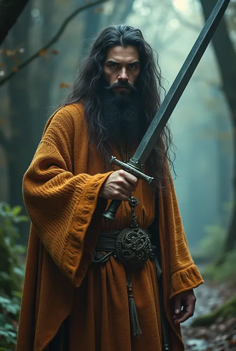 priest, Knitted dress, wielding a sword,  with long hair and thin beards , with eyes of different colors 