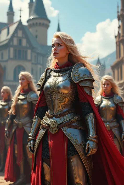 a group of female medieval paladins, detailed fantasy armor, colorful hair, standing in medieval city with castle, (best quality,4k,8k,highres,masterpiece:1.2),ultra-detailed,(realistic,photorealistic,photo-realistic:1.37),highly detailed characters, intri...