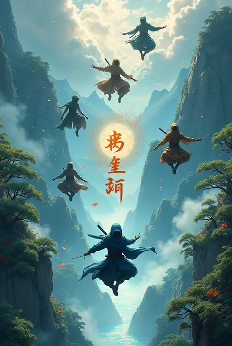  Create for me a mystical and Asian image containing ninja flying vianjas and anime themes, In the middle written “Zenkai” 