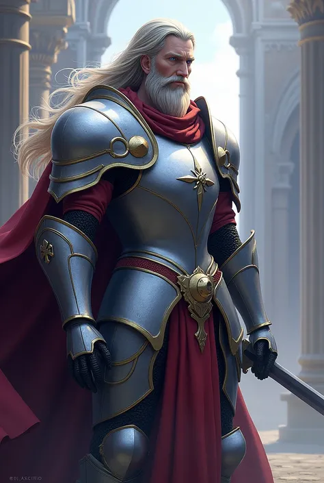 paladin, armor dress, wielding a sword,  with long hair and thin beards , With lilac and blue eyes