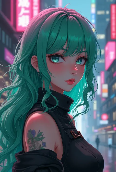 A beautiful young woman, realistic character, green hair with pink locks, piercing blue eyes, anime-inspired, alone in a modern cyberpunk setting, (best quality,4k,8k,highres,masterpiece:1.2),ultra-detailed,(realistic,photorealistic,photo-realistic:1.37),i...