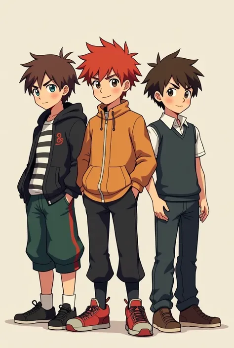 Three ten-year-old boys one is called Gabriel he is red-haired he likes Pokemon he will be on the left of the photo another is called Lucca is a big fan of Jujutsu Kaisen he has brown hair he will be in the middle and the other is called Diego he will be o...