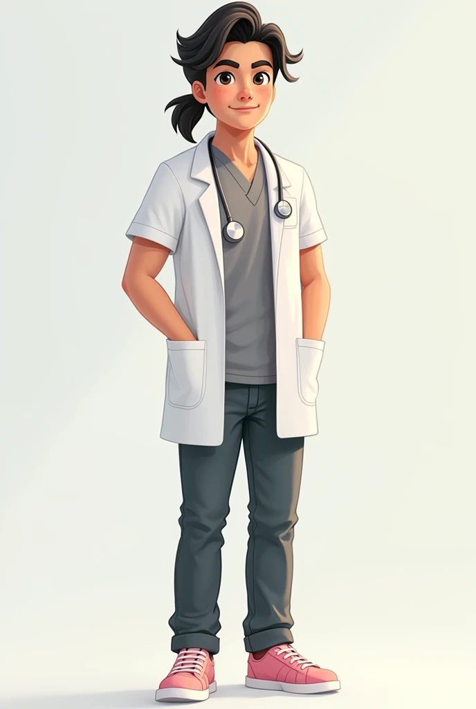 
appearance: 26 year old young man,  with an average height  (154 m ).  Her skin is fair,  black eyes with a very sweet look ,  his eyebrows are full .  His hair is black and he wears a pony collar . 

Clothing style:  medical uniform ,  short sleeve shirt...