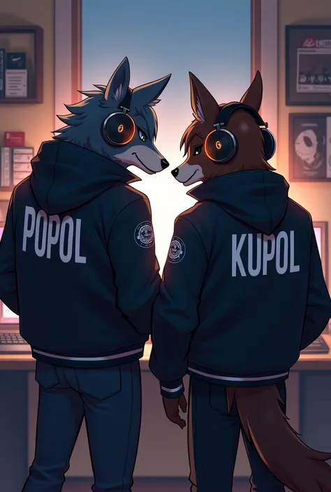 Popol and Kupa Mobile Legends character wearing a jacket with his name on it, headphones on and in front of a PC gamer  