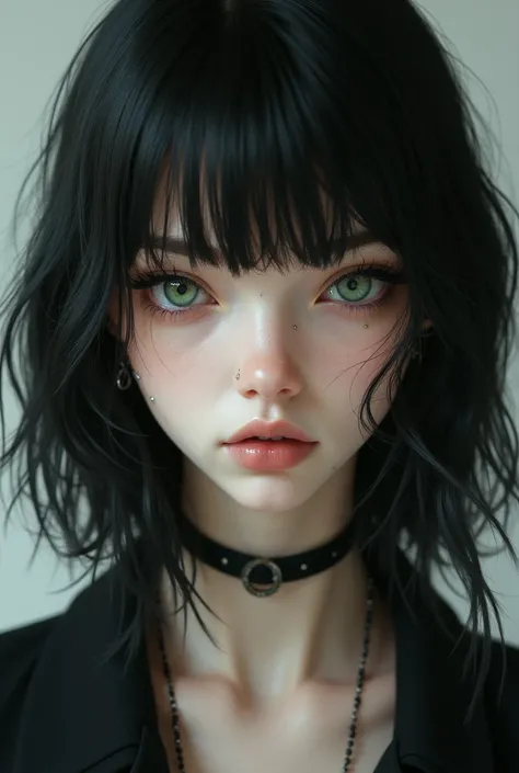 A white woman, very black hair, high,  green eyes, long eyelashes, Some piercings and that she wears bangs