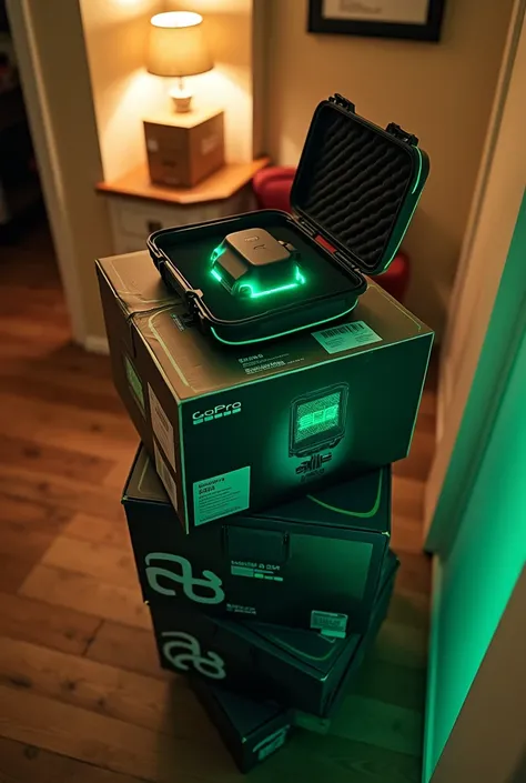 Cinematic high-angle shot of an interior residential foyer, with warm, soft lighting casting subtle shadows. In the foreground, a stack of five GoPro-branded boxes with a sleek, matte black finish, each large enough to hold a complete kit, stacked slightly...