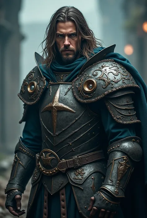  Man in armor long hair, thin beard, different colored eyes 