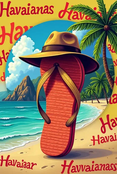 Generate a logo with a flip flop and a mobster hat on the flip flop,  with the background written Havaianas repeated throughout the space , and a photo of a Hawaiian setting as a background 