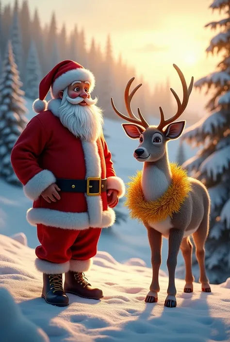 I need a background with Santa Claus and a reindeer with yellow garlands with a real realistic yellow Christmas background 