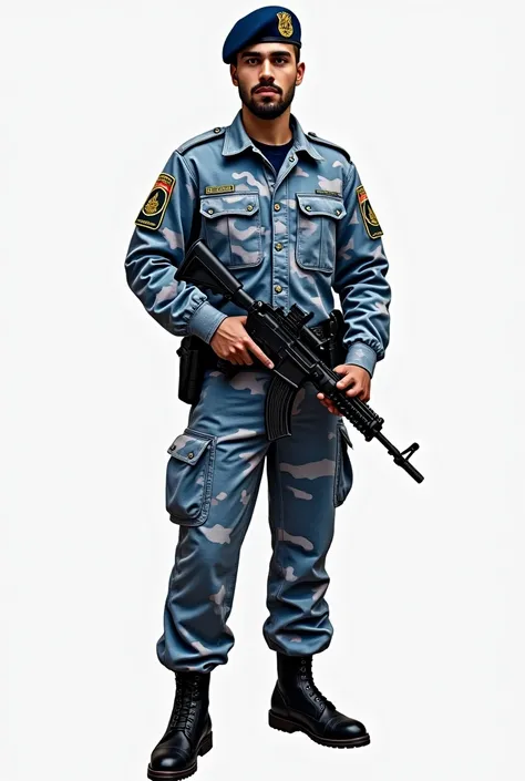 A complete, realistic picture, of a young Arab man wearing a blue, white and black camouflage military suit, black shoes, a gun on his waist, a dark blue military hat, a police officer