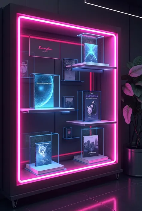 "Create a futuristic digital bookshelf with eBooks displayed as holographic covers, framed in neon pink and purple against a black and dark gray background, symbolizing a modern library experience."