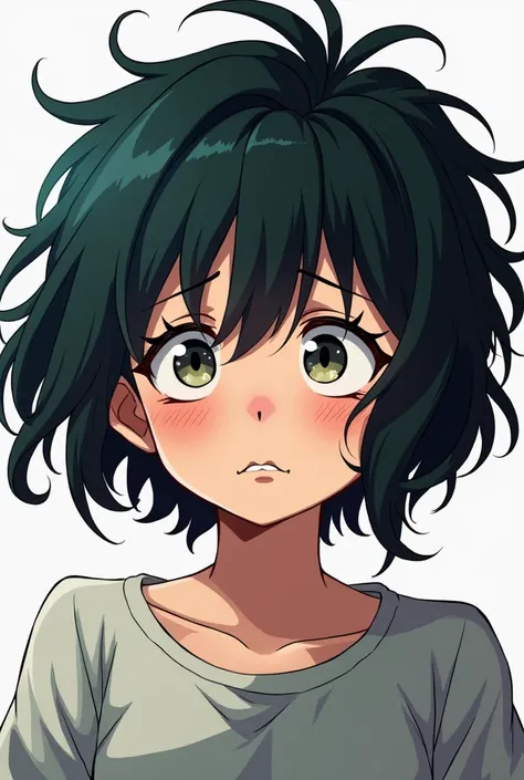 Make me a young girl with messy short hair and tired appearance with the Boku no Hero drawing style