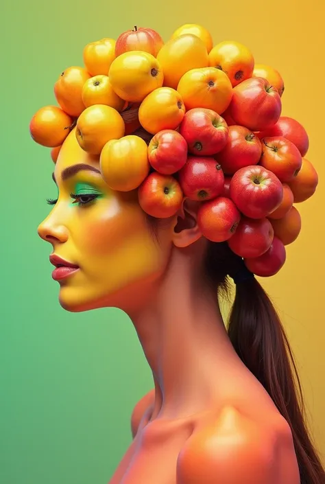 Create sexy woman with a larger hollowcase in yellow green and red orange and pink gradient with lots of fruit on her head 
