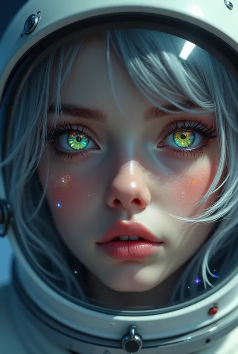 Close up of an enhanced masterpiece:1.5)0.9]، (Space and astronauts:1.2) (messy silver hair:1.1) (Heterochromia: yellow and blue eyes:1.2) (space helmet:1.0) (Colorful stars in the eyes:1.0) (radiant glow:1.1) (full lips:0.9)