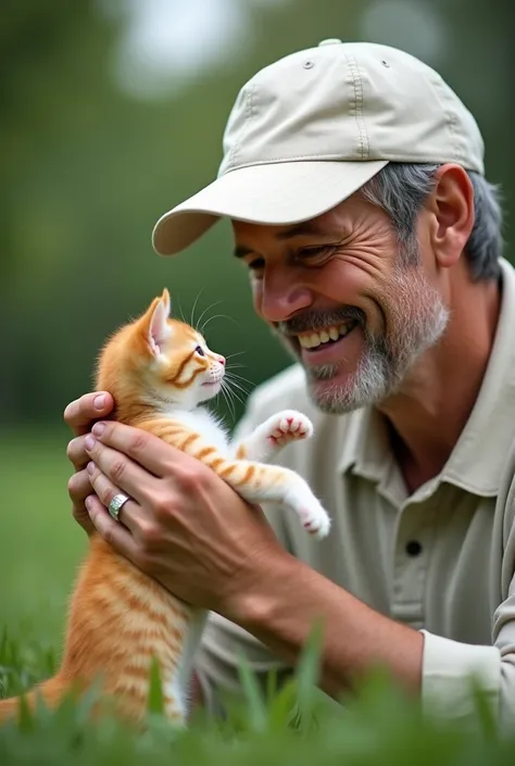 A 40-year-old man in a white cap playing with an orange kitten with a white underside but the man doesnt have that many gray hair but hes just a cat