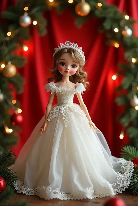  I need a Christmas doll with a white and red background with garlands, Say merry christmas with Christmas decorations 