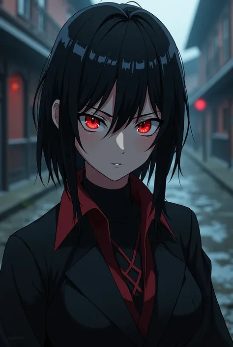  create a female Jujutsu Kaisen anime character with black hair and bangs, red eyes, slim, With a menacing look in the animation style of Mappa 