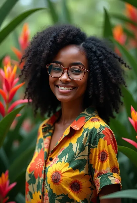 A fair-skinned black Brazilian woman with curly black hair wearing glasses below her shoulders in a lush tropical garden, wearing a floral print shirt,  with a close up capturing the harmonious beauty between her breasts and the natural flowers,  showing h...