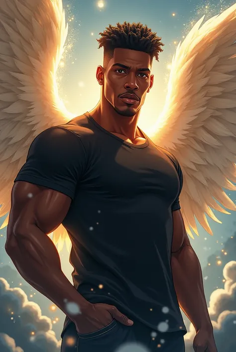 Create beautiful African American angel, young handsome with black shirt and powerful anime style