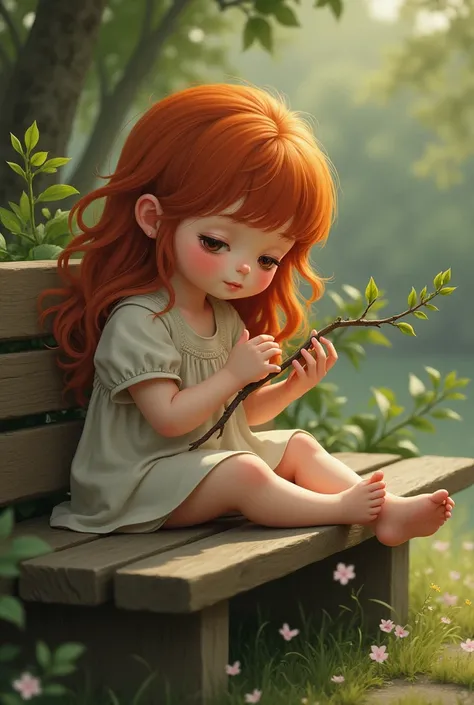 A girl with red hair is sitting on a bench and holding a stick. 