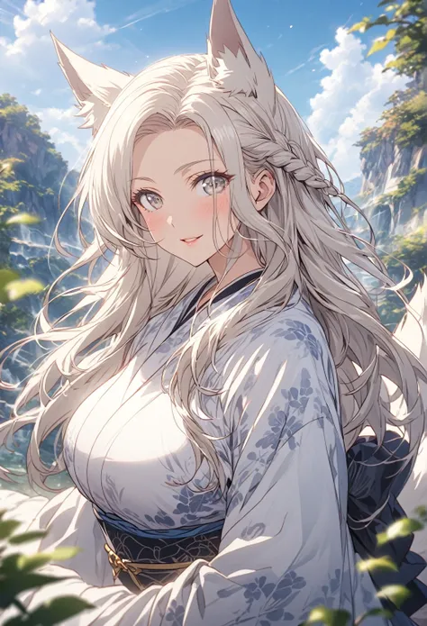 Portrait ((POV: Close Camera)) ((Motherly expression)) ((Mature woman)) ((Alone)) Create an anime-style image of Aiko, an elegant fox girl with a graceful aura. She has long, white hair styled in a side braid, soft, fluffy fox ears, and light silver grey e...