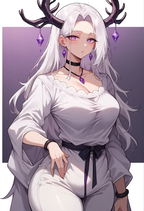 (Purple deer horns) mixed_artwork style, (detailed eyes), (Mature woman), beautiful woman, medium breasts, white hair, bangs on eye, Side bangs, (white loose dress, white pants), Lavender eyes, mole under eye, huge body, (milf), black choker, (neutral Face...