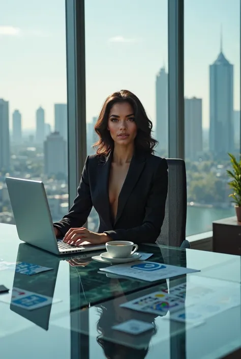 Brunette softly curly girl as exectuve CEO into a luxury office, elegant but sexy outfit, chief chair, glas desktop with inbuild screens, financial district behind wide glass pannels, laptop computer and coffee cup over glass desktop, messy pappers and doc...