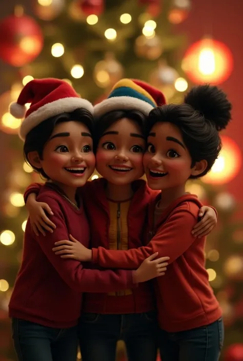 
 Three Venezuelan friends celebrating Christmas who appear embracing, And in the back you can see the Christmas decoration  