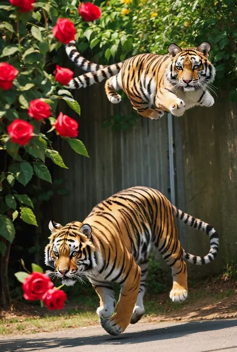 Running tiger cat holding a rose