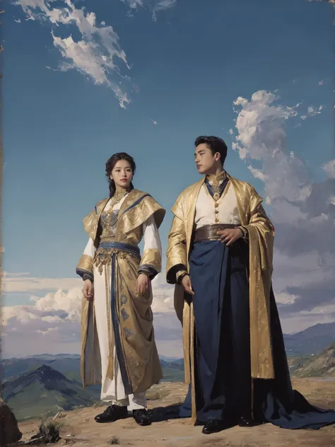 A queen and a king, full body display, showing faces of being relieved while looking at the sky, beautiful landscape background