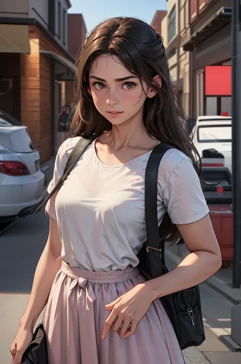 teen, girl， , young girl, young face, Brown eyes, Pink lips，street clothes, girl in street clothes, повседневная одежда, девочка в повседневной одежде, Brown eyes, черные волосы с фиолетовым оттенком, (Create a great atmosphere)，Perfect skin, (One, full fi...