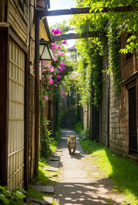  a  tiger cat running holding a rose

 They have made an alley small enough for people to pass through. Green leaves make arches .  Mysterious, soft light is passing through .  Flying butterflies shine in the colors of auroras.  Colorful flowers are bloomi...