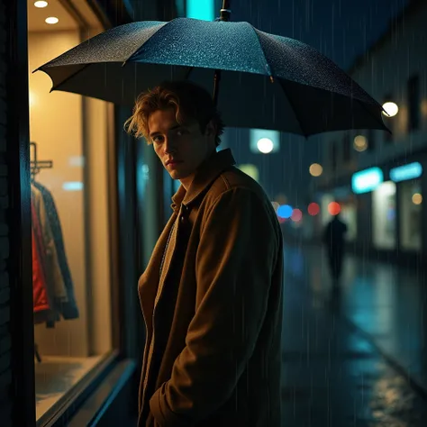 a man with an umbrella while its raining at night in front of a shopping window, only street light is providing light. His back is visible while he is turning his head towards the window mysteriosly, the atmosphere is dark. The man has blonde hair and brow...